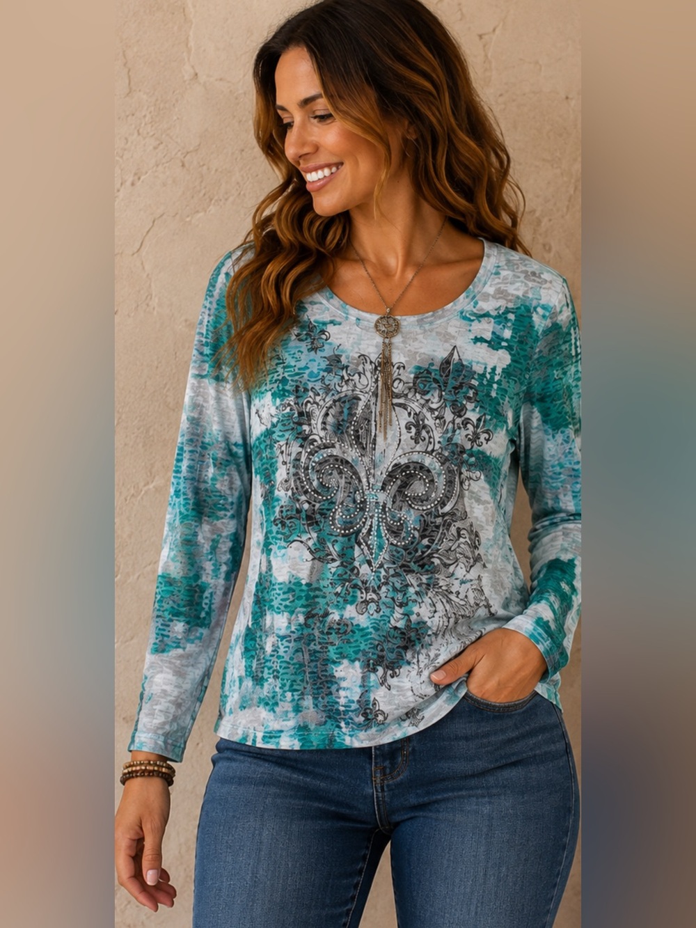 Cato Teal Rhinestone Fleur-de-Lis Long Sleeve Tee | Size Medium | Casual Fall